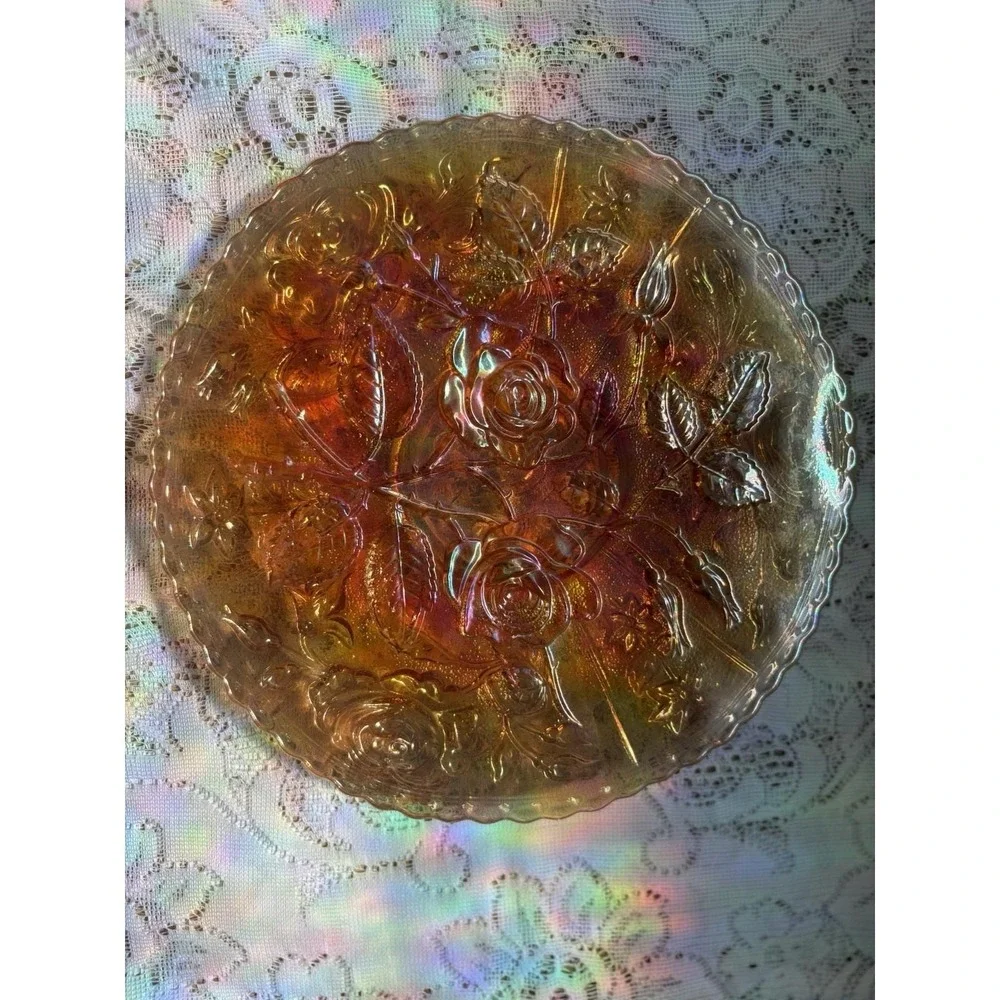 Vintage Carnival Glass Marigold Rose Bowl Iridescent Floral Serving Bowl